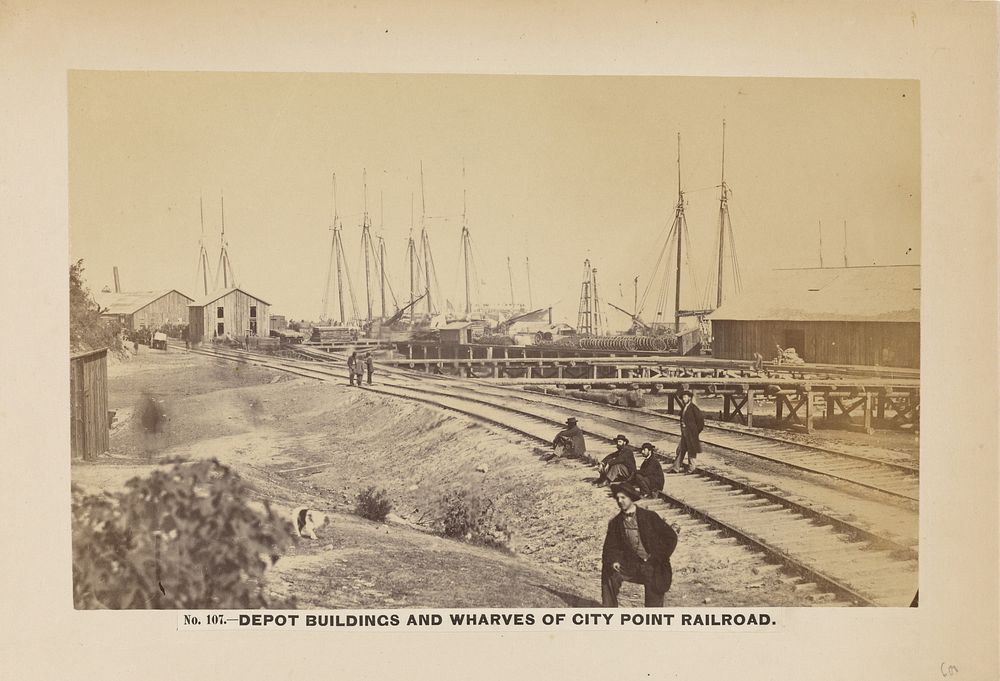 No. 107. Depot Buildings and Wharves of City Point Railroad. [July 1864]. by A J Russell