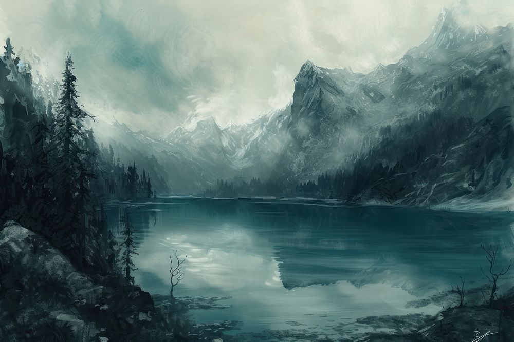 Mountain with lake painting landscape outdoors.