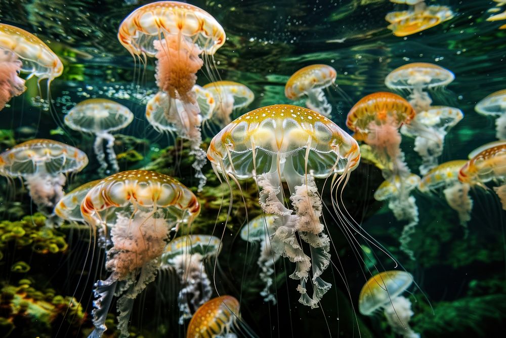 Underwater photo of jellyfishes aquarium outdoors animal.
