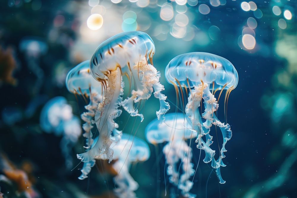 Underwater photo of jellyfishes animal invertebrate transparent.