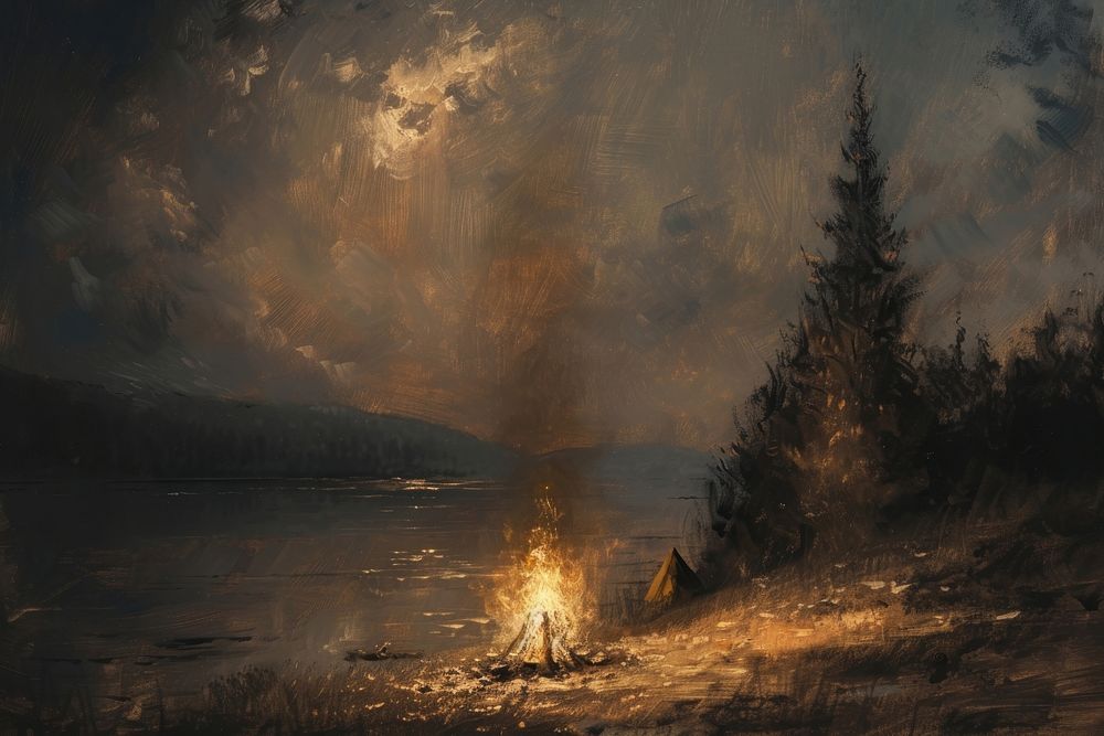 Campfire painting landscape outdoors.