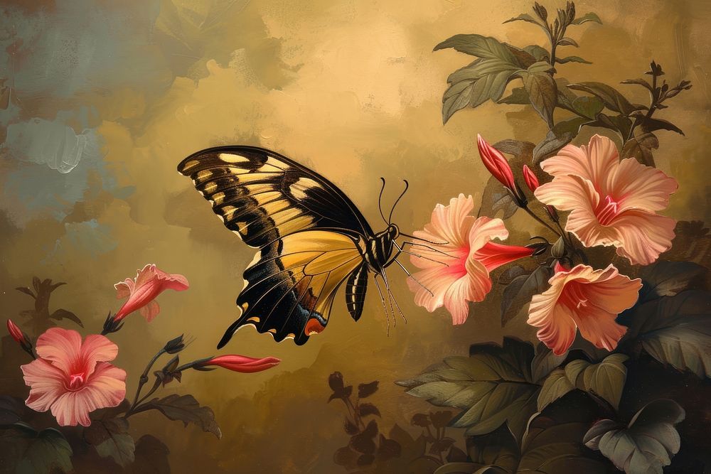 Butterfly landing on a flower painting animal insect.