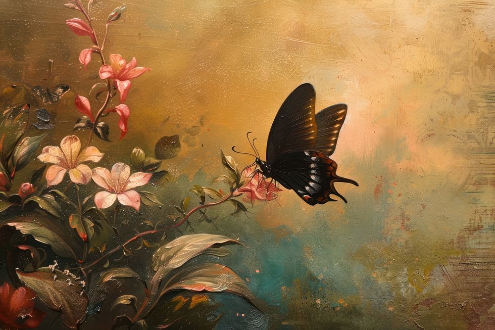 Butterfly landing flower painting art Premium Photo Illustration