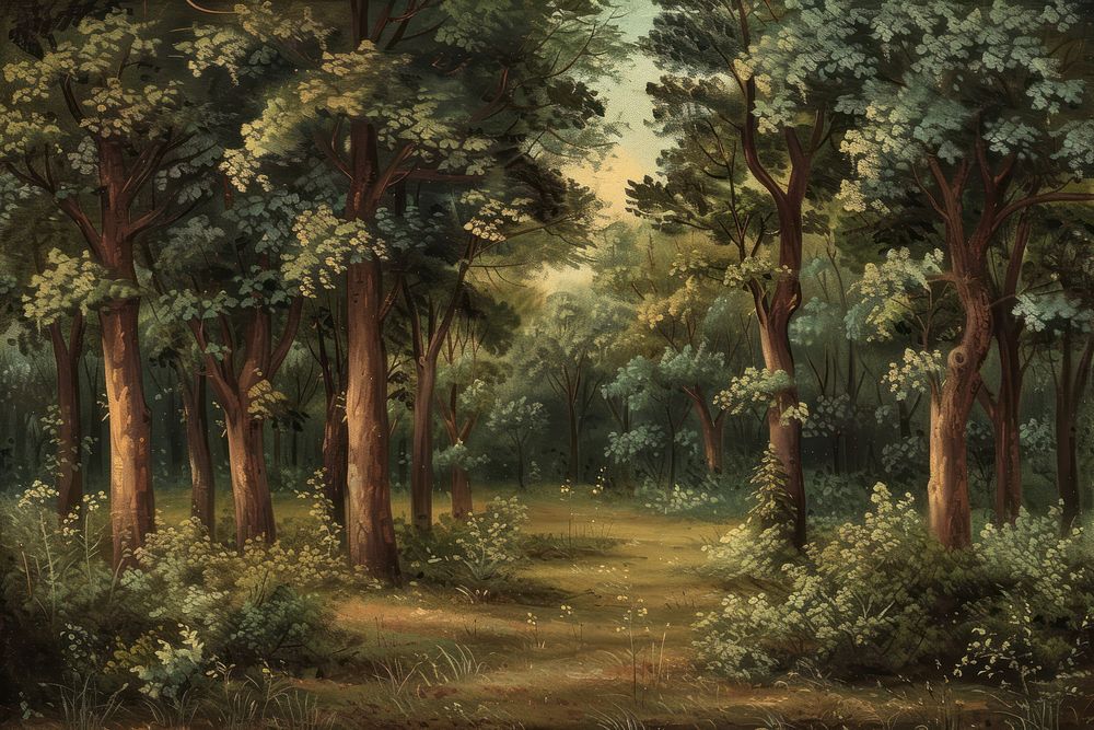 Green forest painting landscape woodland.
