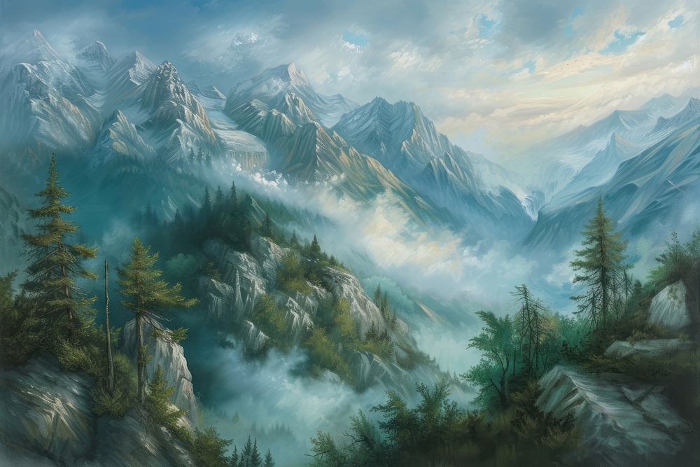 Mountain scenery painting wilderness landscape.