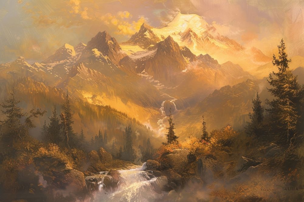 Moutain scenery painting wilderness landscape.