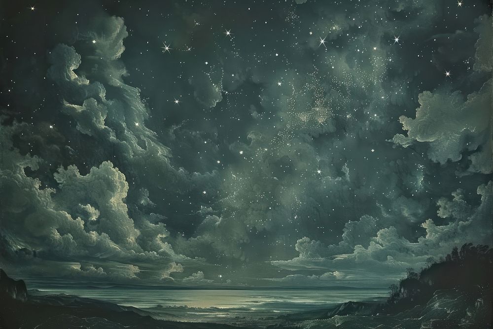 Night sky with stars painting landscape outdoors.