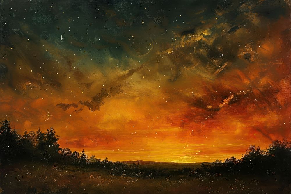 Sunset sky with stars painting landscape outdoors.