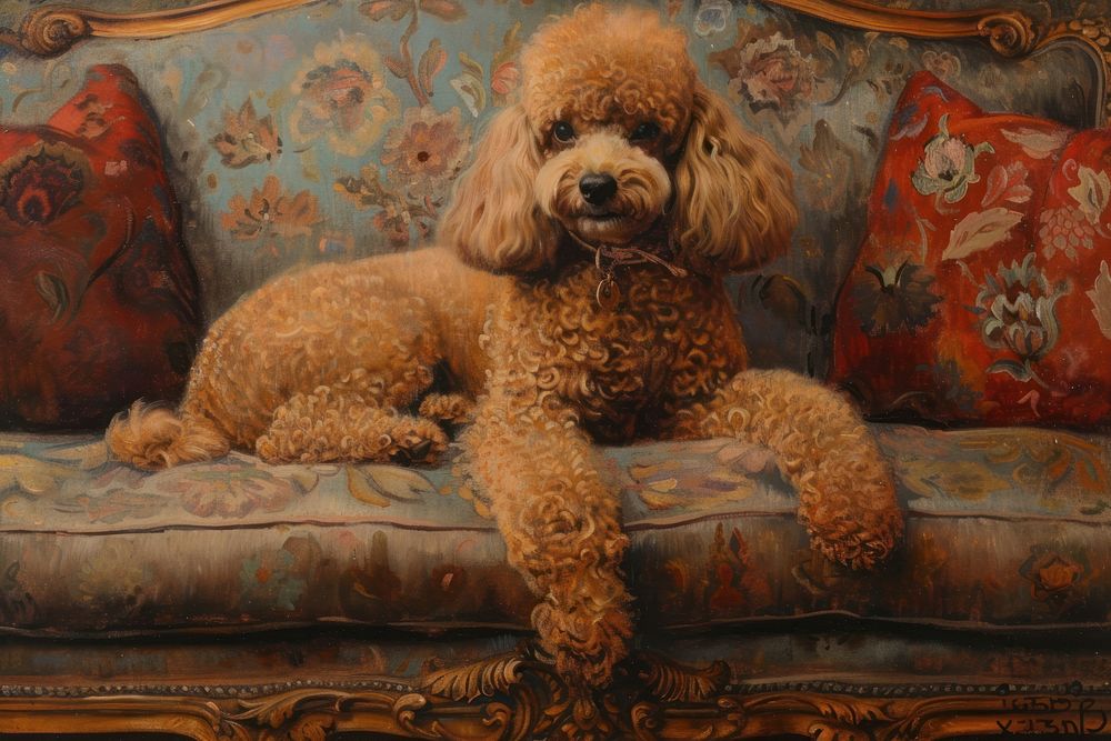 Poodle sitting on a sofa furniture painting animal.