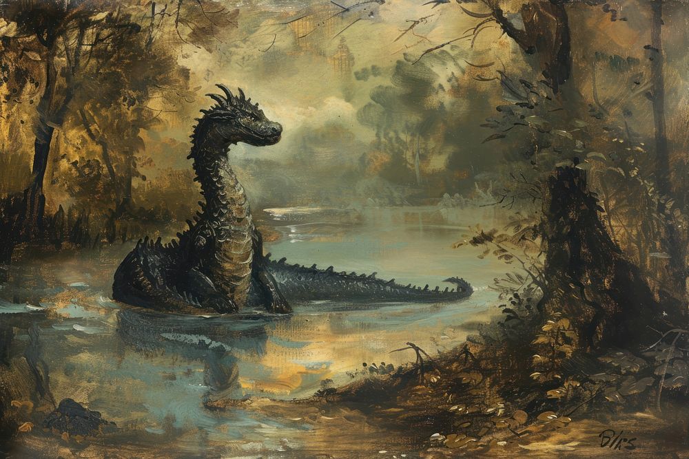 Water dragon painting art dinosaur.