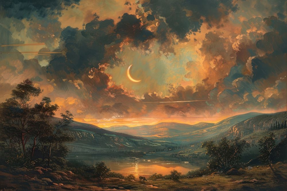 Eclipse painting landscape astronomy.