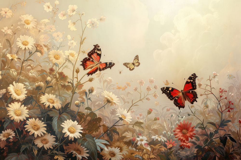 Butterflies on flowers painting butterfly animal.