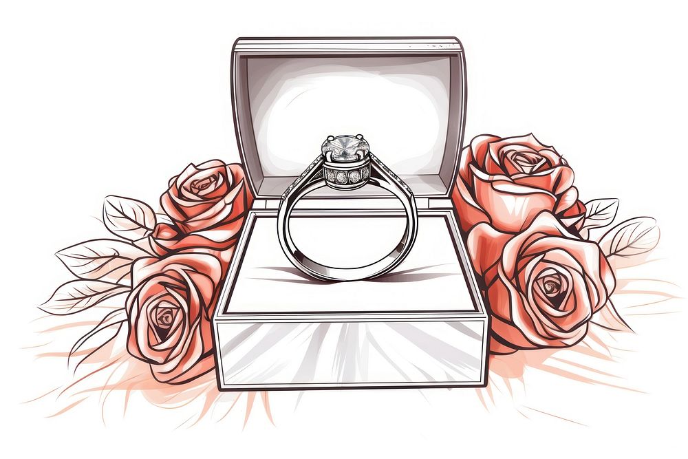 Wedding ring on ring box rose jewelry sketch.