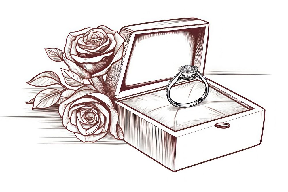 Wedding ring on ring box sketch rose jewelry.