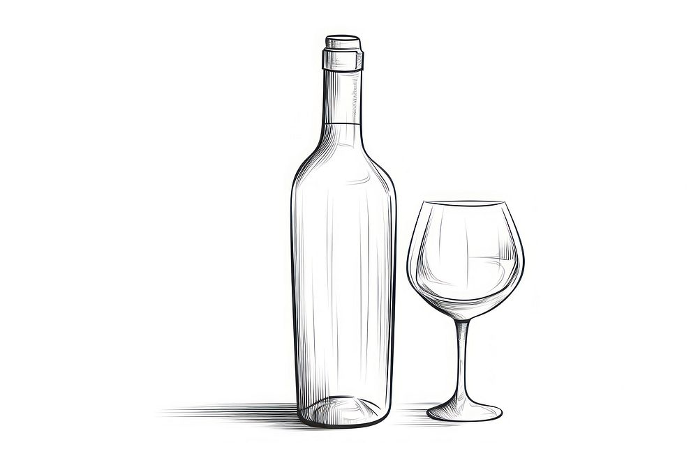 Wine bottle outline sketch glass drink white background.