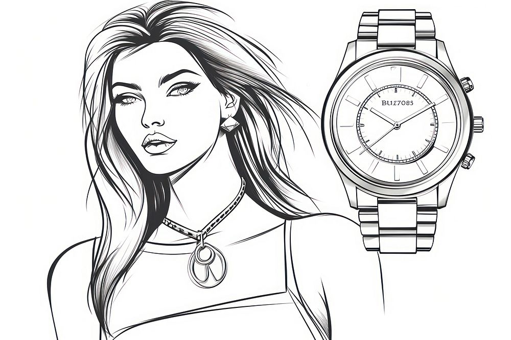 Woman watch and jewelry sketch wristwatch drawing.