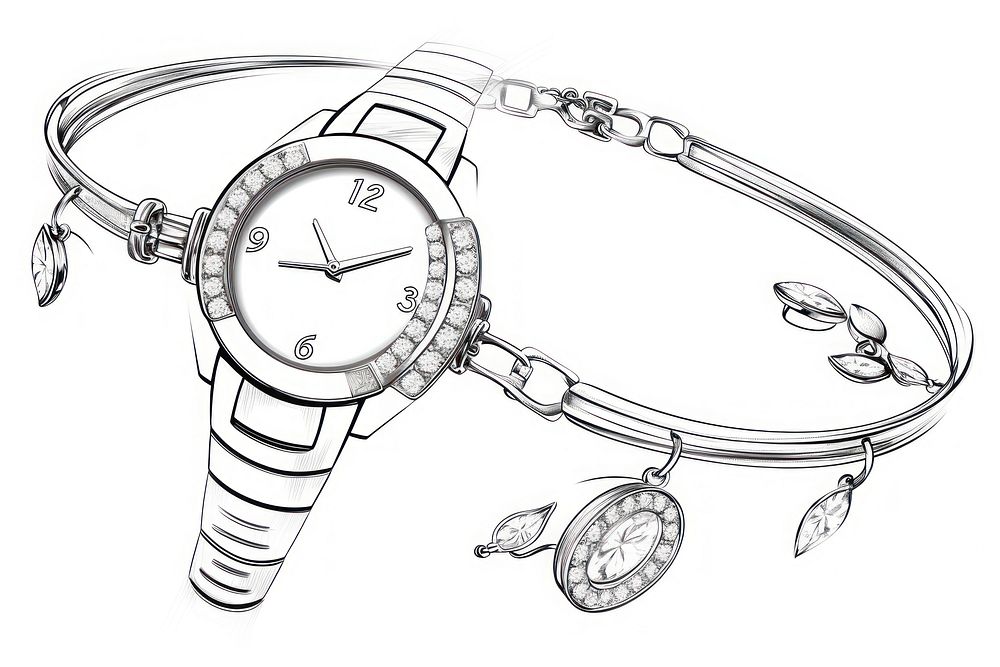 Woman watch and jewelry sketch wristwatch bracelet.