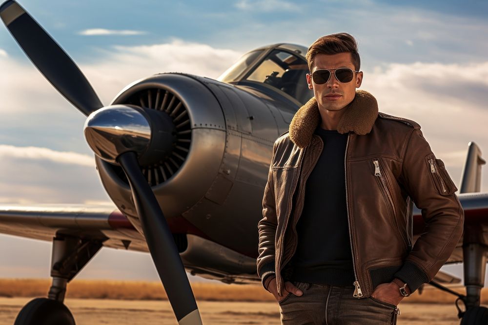 Aviator standing in front of plane sunglasses airplane aircraft.