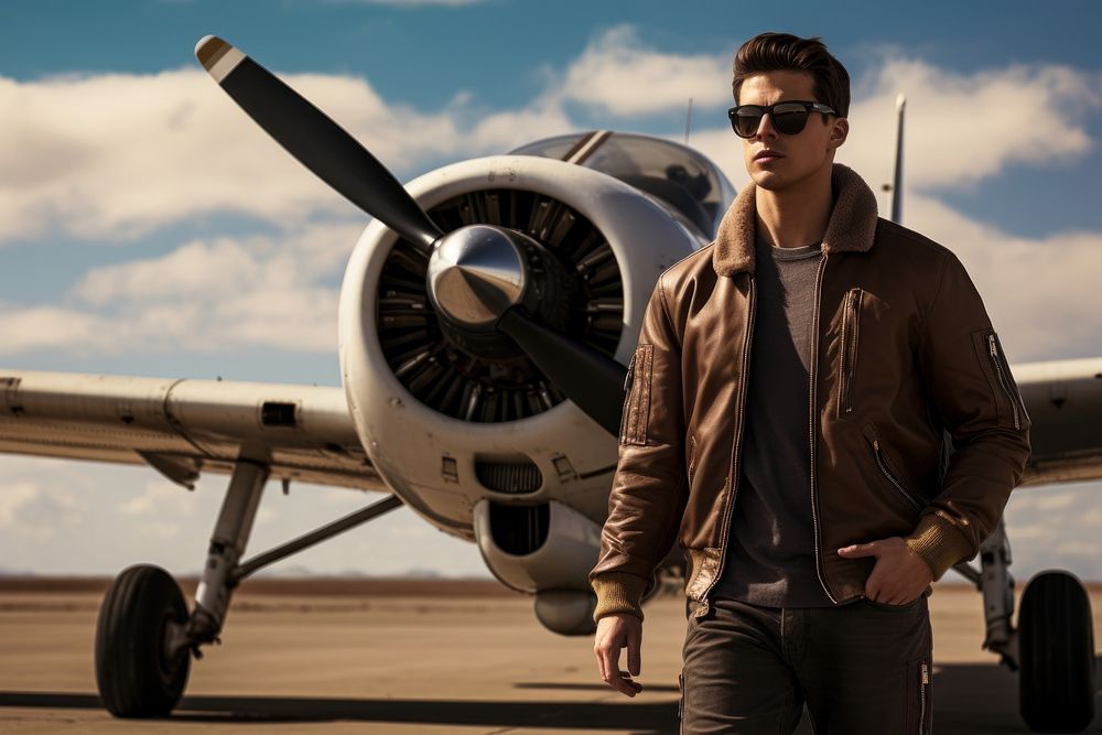 Aviator standing in front of plane sunglasses airplane aircraft.