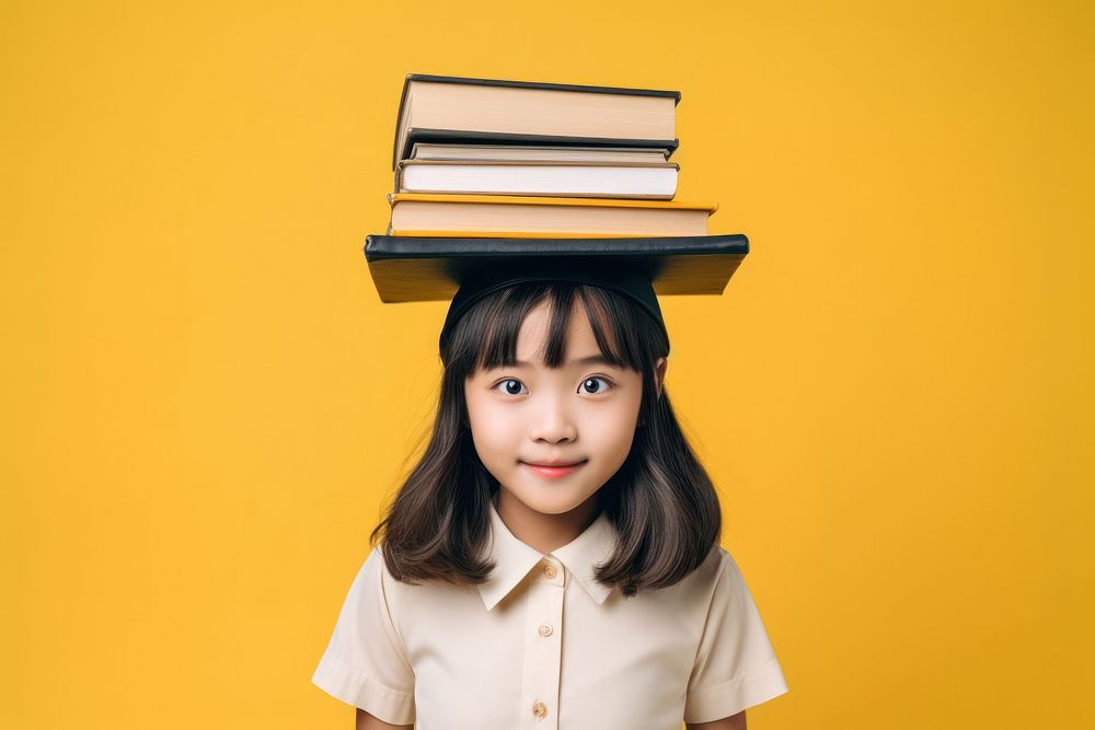 Asian little schoolgirl book publication portrait.