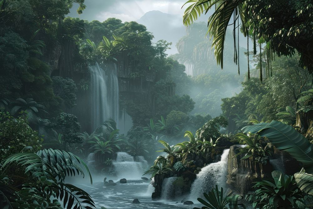 Amazon jungle land vegetation waterfall.