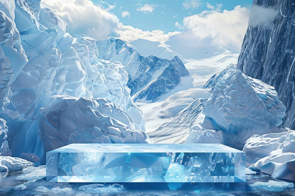 Product podium with an antarctica glacier mountain outdoors.