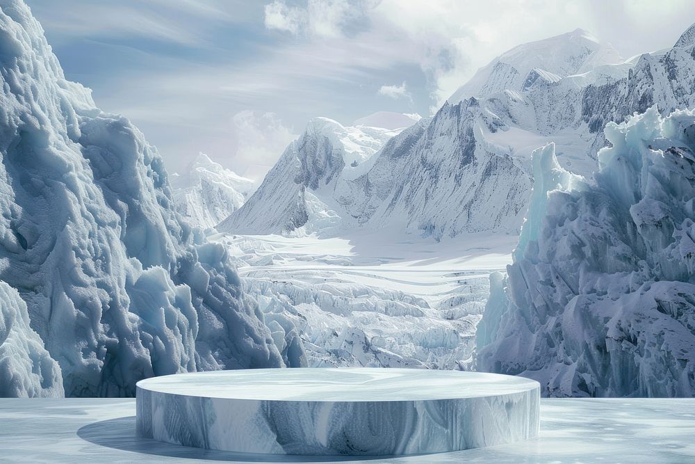 Product podium with an antarctica glacier snow mountain.