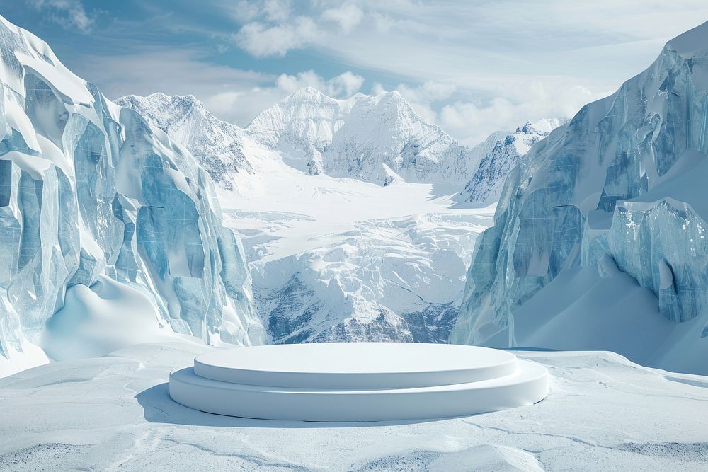 Product podium with an antarctica glacier snow mountain.