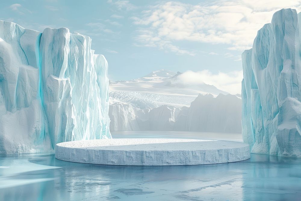 Product podium with an antarctica glacier outdoors iceberg.