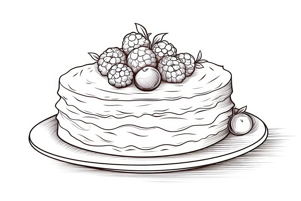 Cake outline sketch dessert drawing fruit.