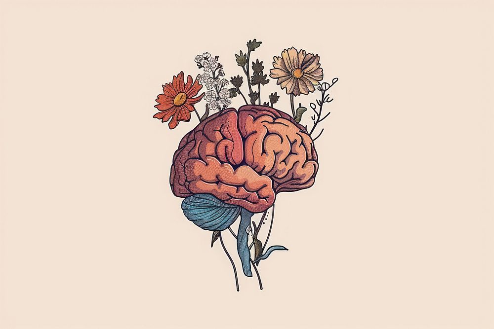 Drawing of female brain art flower sketch.