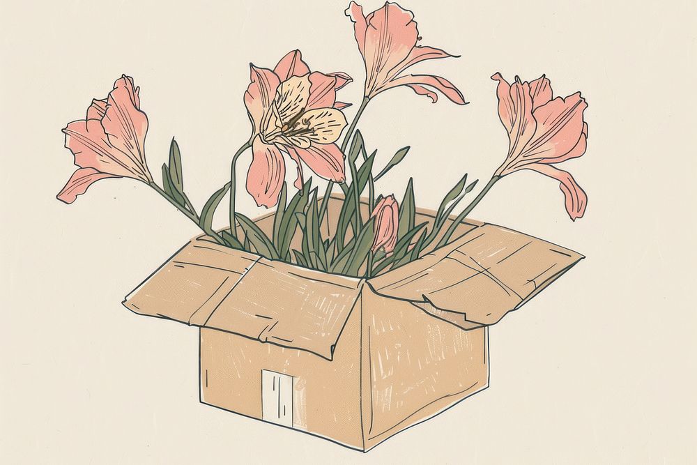 Drawing of flowers box cardboard carton.