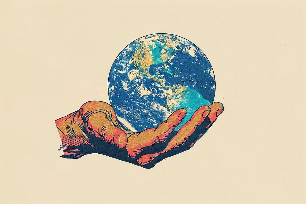 Drawing of hand planet earth space.