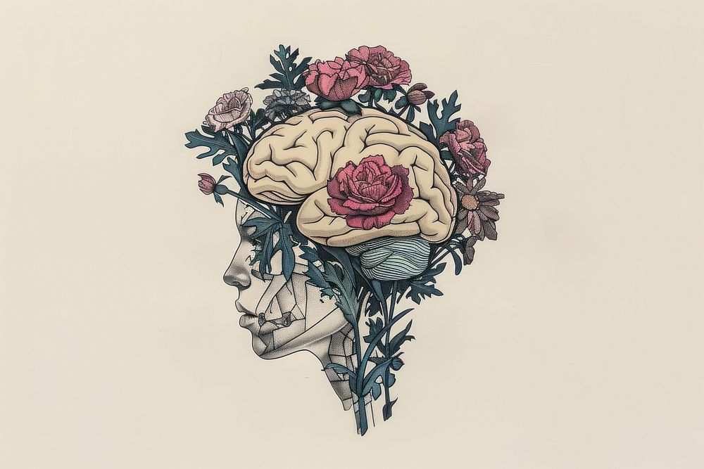 Drawing with brain flower art sketch.