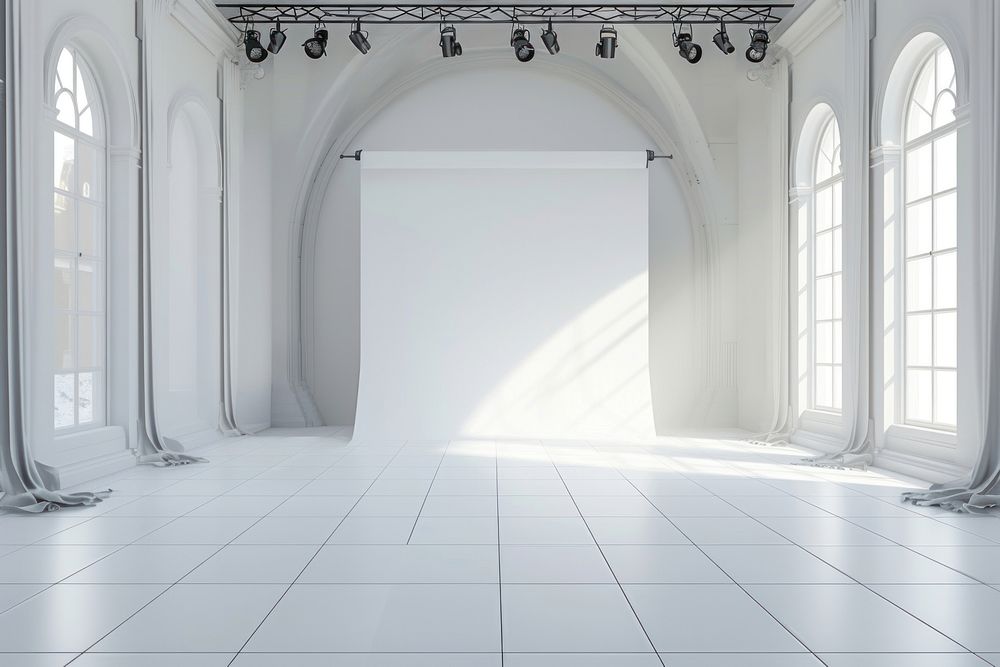 Empty white studio photography stage architecture flooring building.