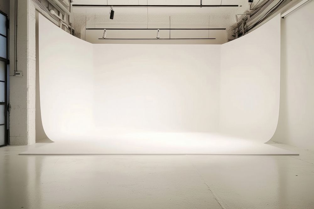 Empty white studio photography stage floor architecture electronics.