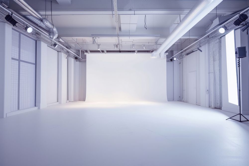 Empty white studio photography stage architecture building floor.
