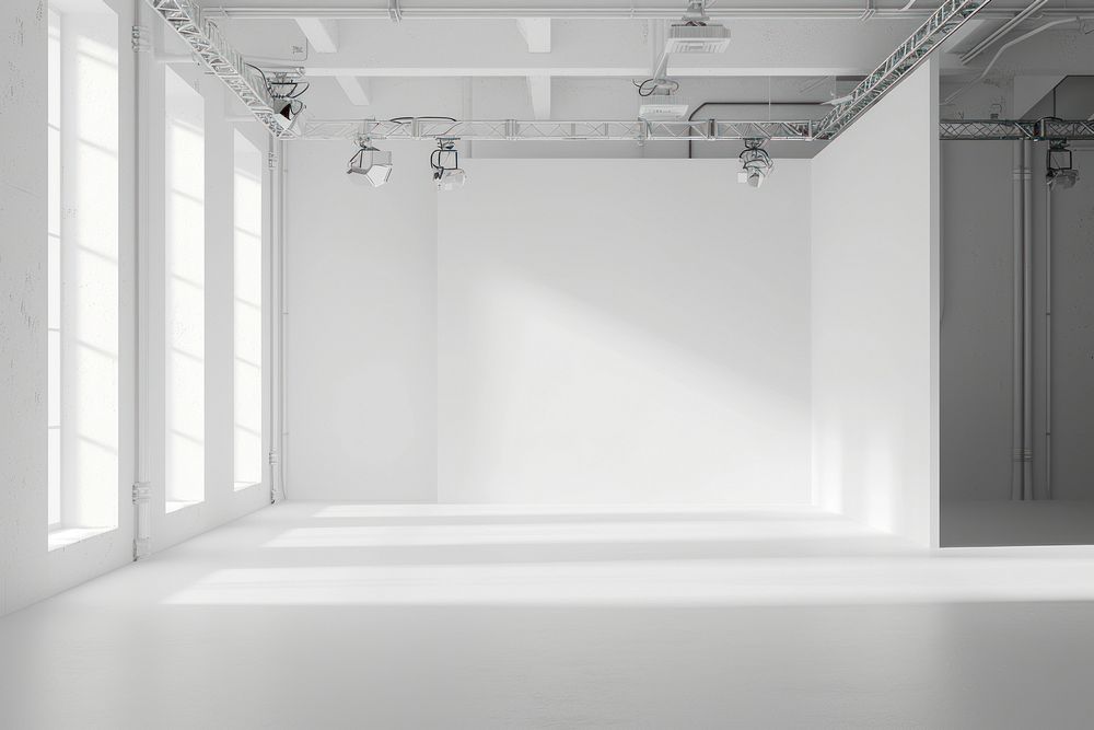 Empty white studio photography stage flooring architecture monochrome.