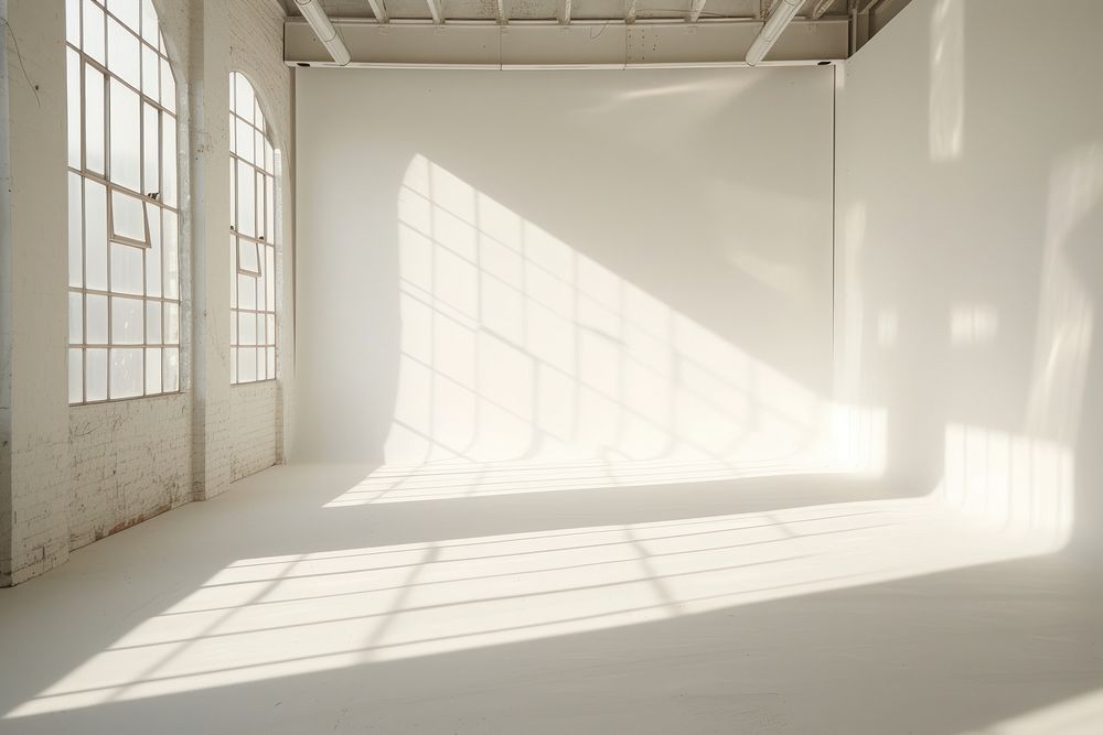 Empty white studio photography stage window floor architecture.