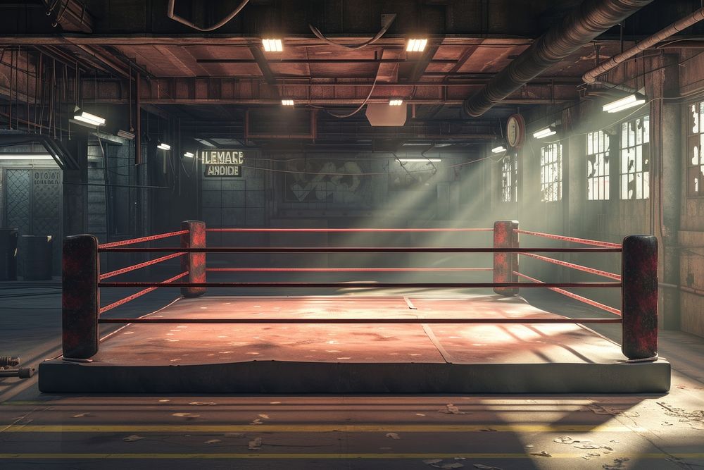 Empty boxing ring stage lighting sports architecture.