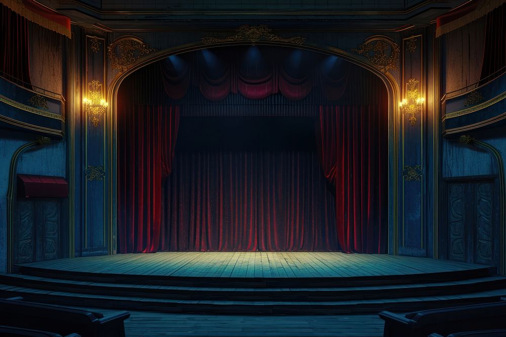 Empty cinema stage auditorium architecture illuminated.