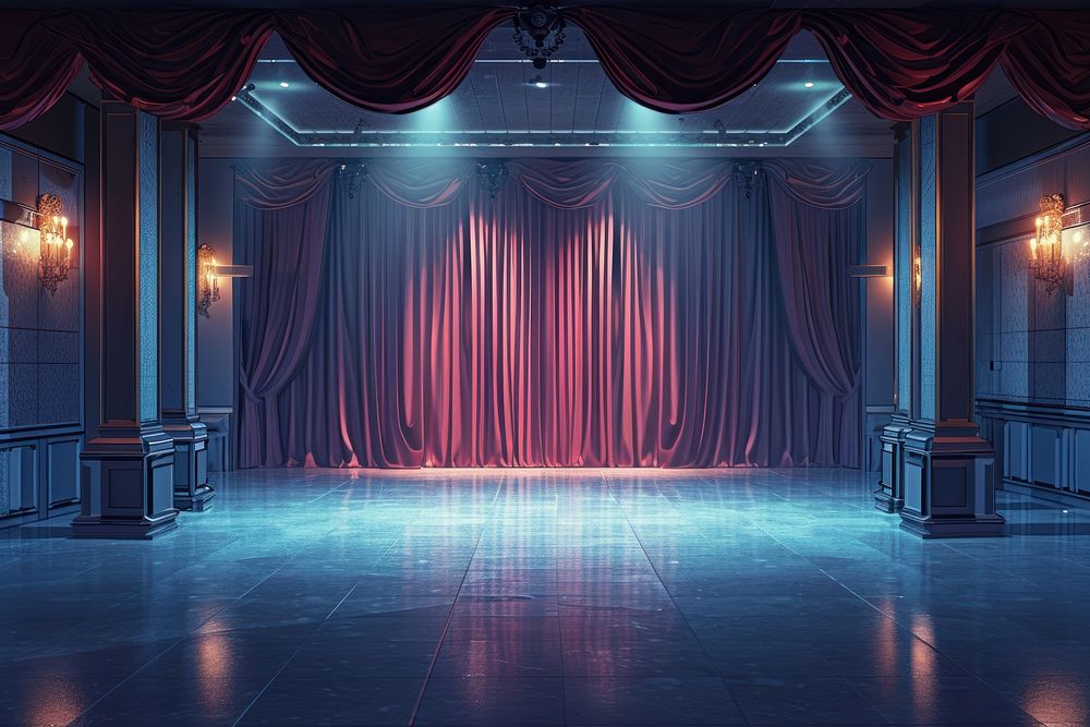 Empty cinema stage architecture illuminated performance.