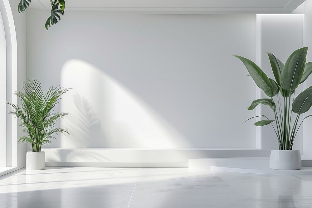 Empty modern white wall stage architecture plant floor.