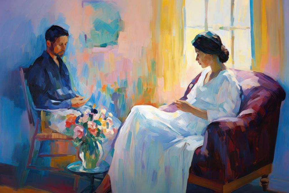A pregnant woman talking with a doctor painting furniture adult.