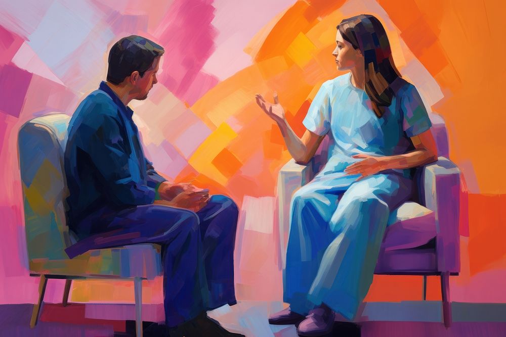 A pregnant woman talking with a doctor painting conversation sitting.