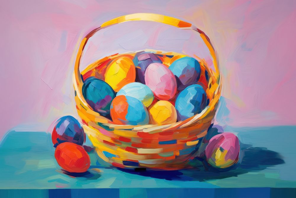 Easter eggs in basket painting celebration decoration.