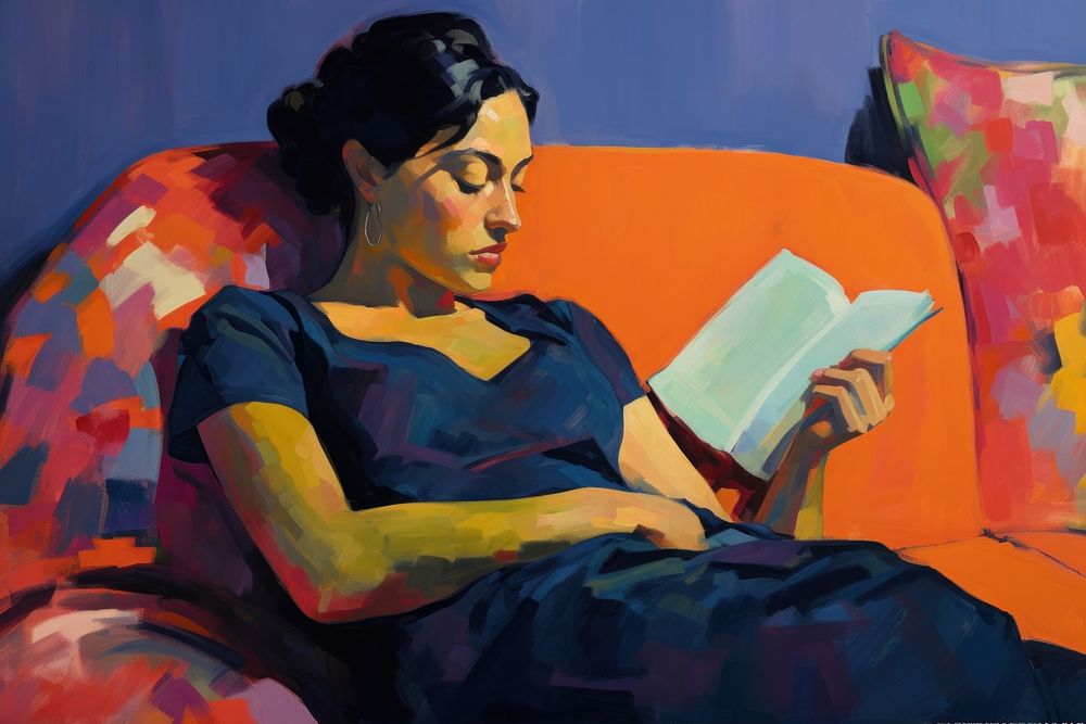 A pregnant woman reading a book painting furniture sitting.