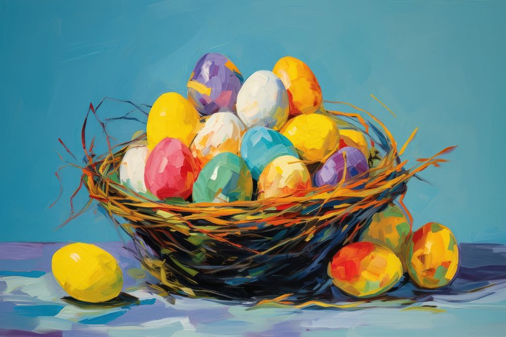 Easter eggs in basket painting celebration decoration.