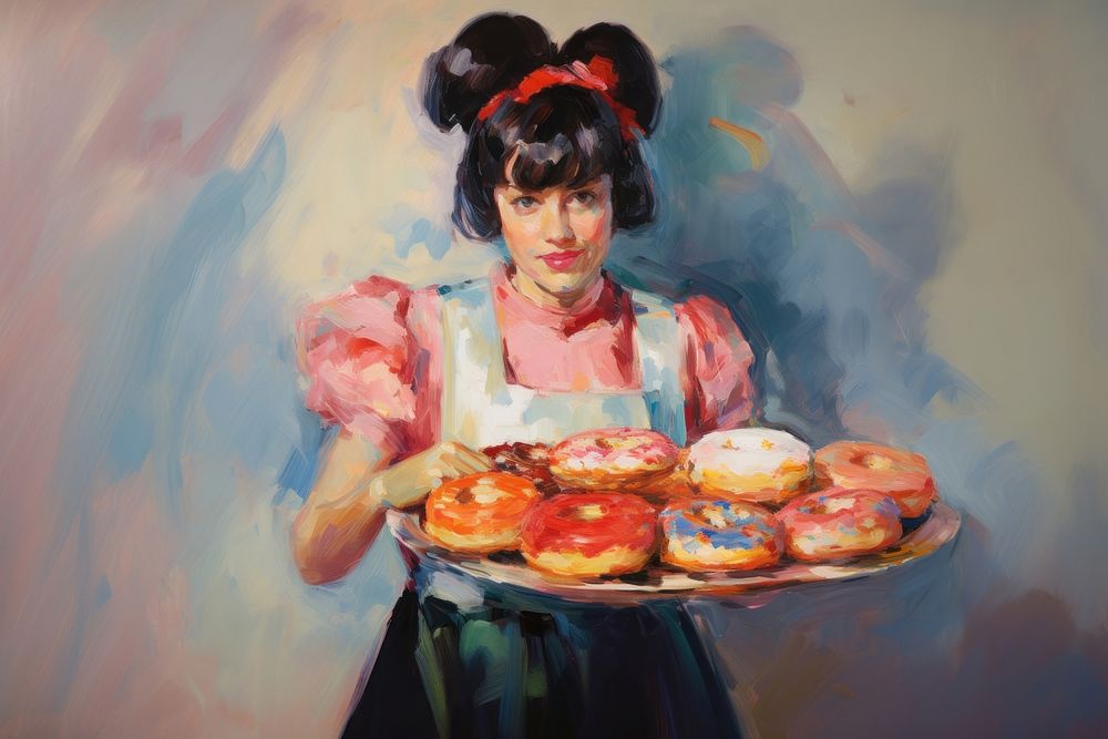 A tray with a donut painting portrait food.