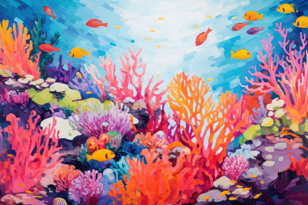 A coral reef painting backgrounds outdoors.